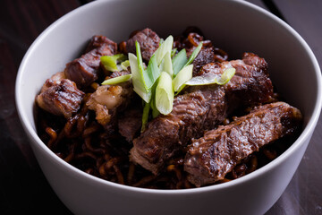 delicious spicy jajangmyeon with beef steak