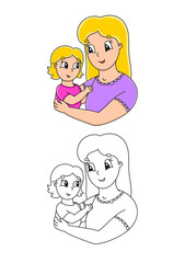 Coloring book for kids. Mother and child. Cheerful character. Vector illustration. Cute cartoon style. Black contour silhouette. Isolated on white background.