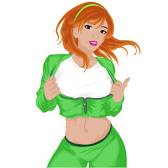 Girl in a green tracksuit takes off her sweatshirt. Vector art