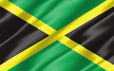 Silk wavy flag of Jamaica graphic. Wavy Jamaican flag 3D illustration. Rippled Jamaica country flag is a symbol of freedom, patriotism and independence.