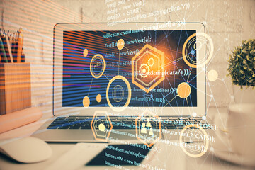Double exposure of desktop with personal computer on background and tech theme drawing. Concept of Bigdata.