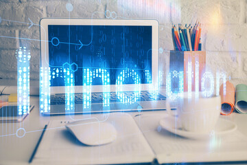 Double exposure of desktop with personal computer on background and tech theme drawing. Concept of Bigdata.