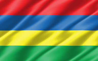 Silk wavy flag of Mauritius graphic. Wavy Mauritian flag 3D illustration. Rippled Mauritius country flag is a symbol of freedom, patriotism and independence.