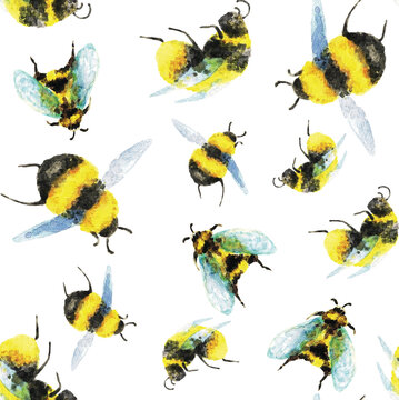 Bumblebees, seamless pattern, watercolor