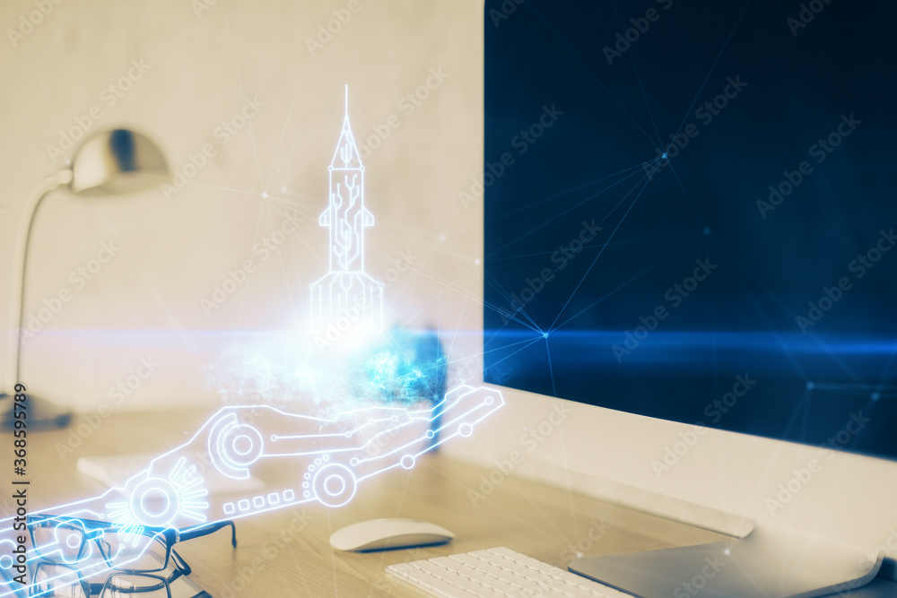 Poster Desktop computer background in office and start up theme hologram drawing. Double exposure. Startup concept.