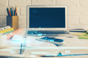 Multi exposure of desktop computer and technology theme hologram. Concept of software development.