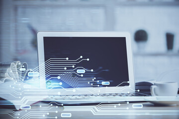 Multi exposure of desktop computer and technology theme hologram. Concept of software development.