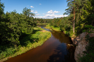 Naklejka na ściany i meble Gauja River in the summer, view from shore. view from red rocks ''Erglu klintis''