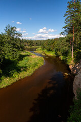 Fototapeta na wymiar Gauja River in the summer, view from shore. view from red rocks ''Erglu klintis''
