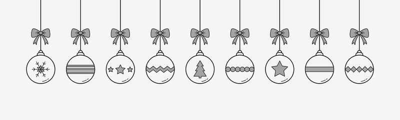 Christmas banner with decorative baubles. Festive ornament. Vector