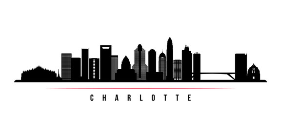 Naklejka premium Charlotte skyline horizontal banner. Black and white silhouette of Charlotte, North Carolina. Vector template for your design.