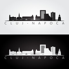 Obraz premium Cluj-Napoca, Romania skyline and landmarks silhouette, black and white design, vector illustration.