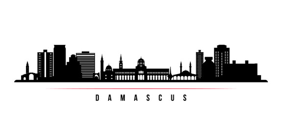 Naklejka premium Damascus skyline horizontal banner. Black and white silhouette of Damascus, Syria. Vector template for your design.