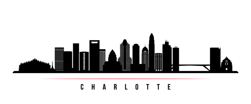 Charlotte skyline horizontal banner. Black and white silhouette of Charlotte, North Carolina. Vector template for your design.