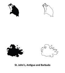 St John's, Antigua and Barbuda. Detailed Country Map with Capital City Location Pin. Black silhouette and outline maps isolated on white background. EPS Vector