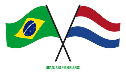 Brazil and Netherlands Flags Crossed And Waving Flat Style. Official Proportion. Correct Colors.
