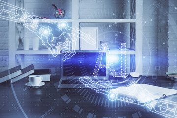 Technology theme drawing and work space with computer. Multi exposure. Concept of innovation.