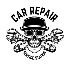 Fototapeta premium Car repair. Service station. Emblem template with skull and crossed wrenches. Design element for logo, emblem, sign, poster, card, banner.