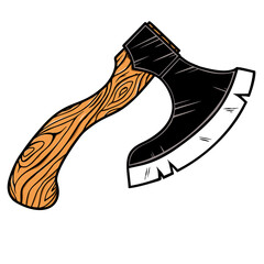 Illustration of lumberjack axe in vintage monochrome style. Design element for logo, emblem, sign, poster, card, banner.
