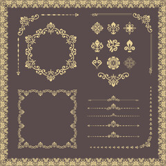 Vintage set of horizontal, square and round elements. Different elements for design, frames, cards, menus, backgrounds and monograms. Classic brown and golden patterns. Set of vintage patterns