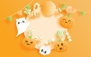 Happy Halloween banner. Paper cut vector illustration.