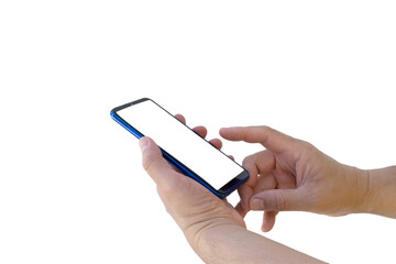 Side view of hand hold vertical smartphone and using finger touch with blank screen for concept