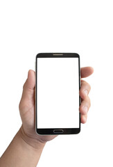 Side view of hand hold vertical smartphone with blank screen for concept