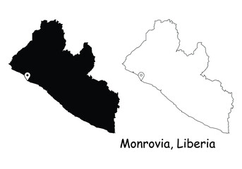 Monrovia Liberia. Detailed Country Map with Location Pin on Capital City. Black silhouette and outline maps isolated on white background. EPS Vector