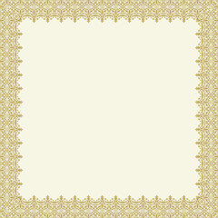 Classic square frame with arabesques and orient giolden elements. Abstract ornament with place for text. Vintage pattern