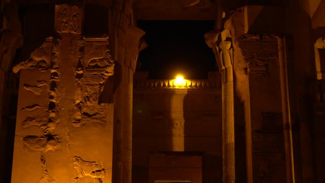 Entrance columns Temple of Kom Ombo along Nile river in Aswan Egypt Falcon Haroeris and Crocodile Sobek god hieroglyphic