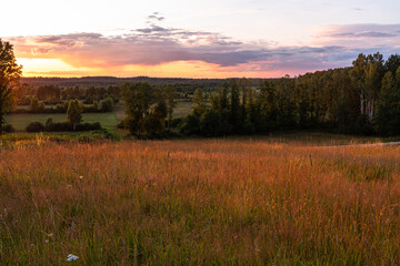 summer landscapes with clouds, forests and fields at sunset