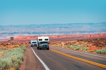RV Camper Van on the American Road. Exploring the USA. Holiday trip vacation. Motorhome, caravan on...