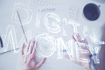 Man's hands working with notes background. Cryptocurrency and finance concept.