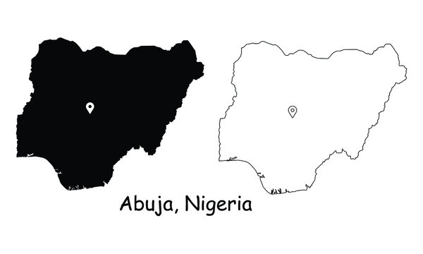 Abuja, Nigeria. Detailed Country Map with Location Pin on Capital City. Black silhouette and outline maps isolated on white background. EPS Vector