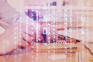 Writing human hands with data theme multi exposure icons.