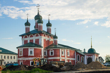 White-stone Epiphany monastery in Uglich Russia on a clear summer day and space for copying.