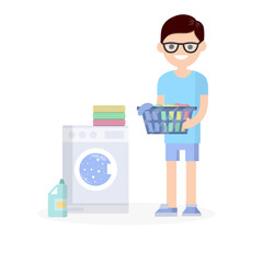 Man in the blue dress with folded clothes in his hands next to a washing machine and detergent. Cartoon flat illustration