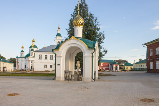 White-stone Epiphany monastery in Uglich Russia on a clear summer day and space for copying.