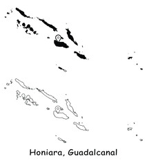 Fototapeta premium Honiara, Solomon Islands. Detailed Country Map with Location Pin on Capital City. Black silhouette and outline maps isolated on white background. EPS Vector