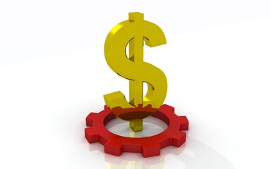 3D illustration of gears and dollar on white background