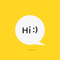 Hello speech bubble icon vector illustration with text for sticker of poster. Hi chat message flat banner with a simple font. Mail introduction word on cartoon ballon for chat talk yellow poster. V1