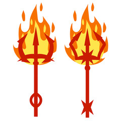 Devil Trident. Hell fork. Cartoon flat illustration. Set of Halloween red evil demon costume item. Weapon Of Satan with fire and flame