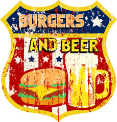 Vintage grungy beer and hamburger advertising sign,retro diner sign,vector illustration