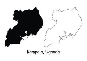 Obraz premium Kampala, Uganda. Detailed Country Map with Location Pin on Capital City. Black silhouette and outline maps isolated on white background. EPS Vector