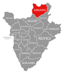 Kirundo red highlighted in map of Burundi