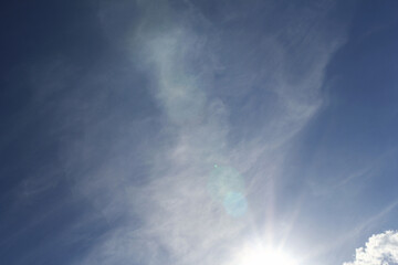 blue sky with sun rays and Cirrus clouds