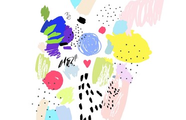 Naive art border. Brush, marker, highlight stroke. Abstract background. Vector artwork. Memphis 80s, 90s retro style. Child, kid drawing. Pink, black, blue, green, yellow, red, purple, violet colors