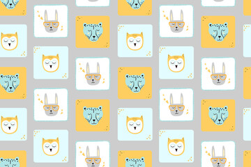 Seamless childish pattern with funny animals faces . Creative scandinavian kids texture for fabric, wrapping, textile, wallpaper, apparel. Vector trendy illustration