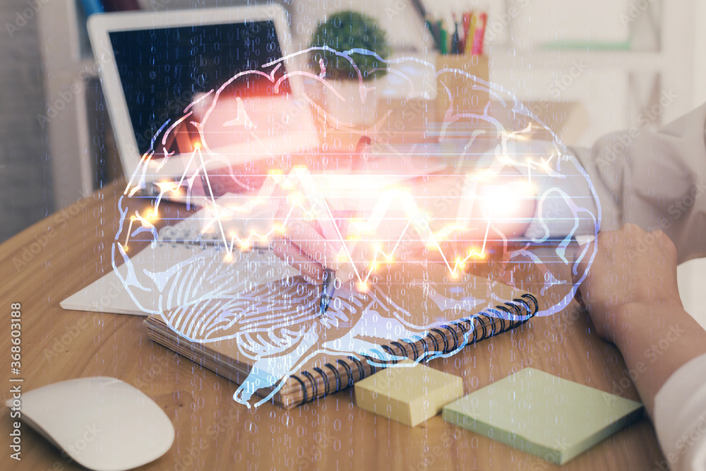 Poster multi exposure of writing hand on background with brain hologram. concept of self learning.