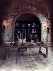 Room with books, scrolls and other papers in a medieval scriptorium with torches. 3D render.